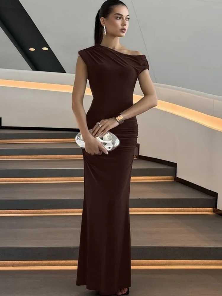 BOOFEENAA One Shoulder Fishtail Long Maxi Dresses Brown Elegant Dresses Woman 2025 C70-CG39