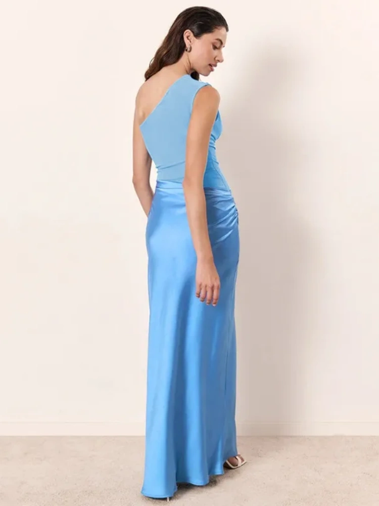 BOOFEENAA Satin Patchwork One Shoulder Backless Maxi Dress Elegant Evening Dresses Woman Party Outfits Summer 2025 C92-DH30