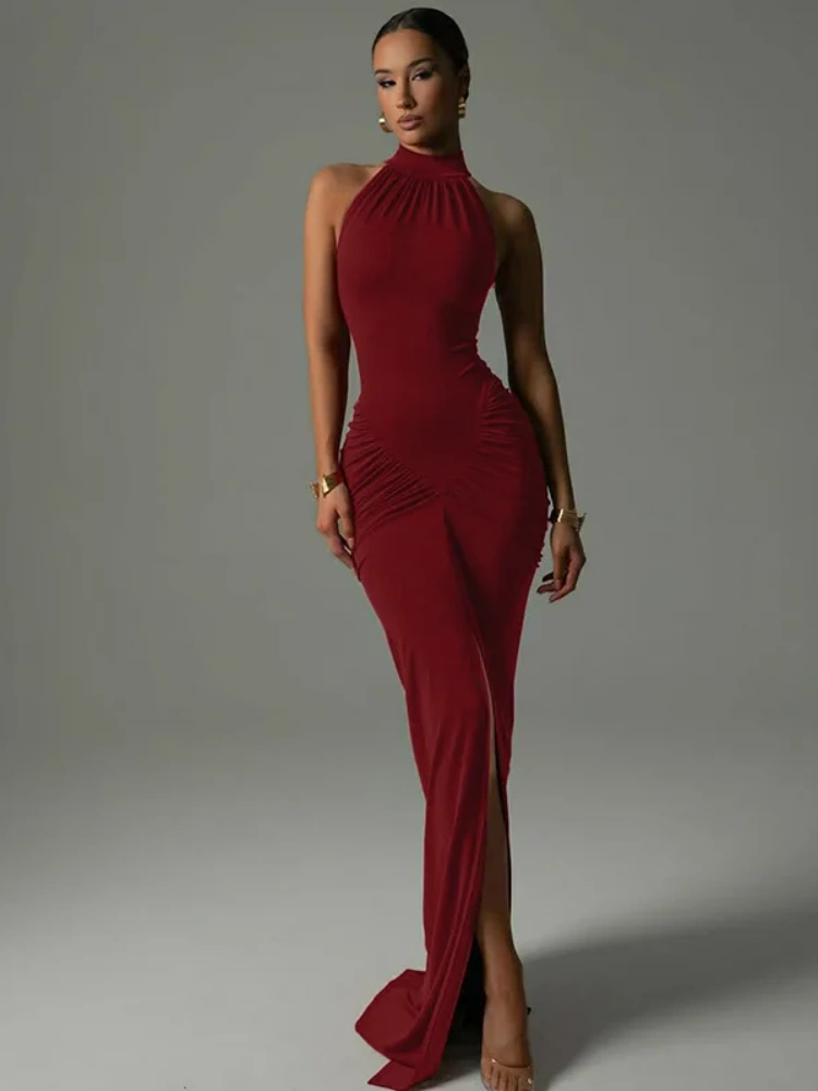 BOOFEENAA Sleeveless Ruched Split Maxi Dress Black Burgundy Elegant Evening Dresses Woman Sexy Club Outfit for Womens C70-CI33