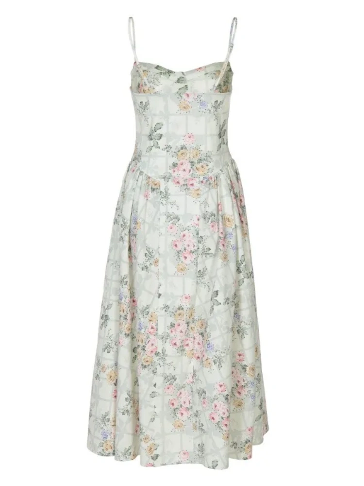 BOOFEENAA Green Flower Sun Dresses for Woman Spaghetti Strap Backless Long Dresses French Style Elegant Vacation Outfits C15FZ46