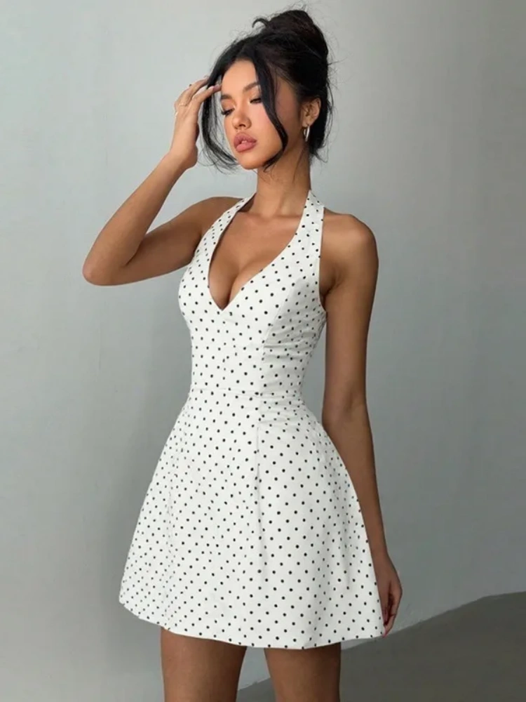 BOOFEENAA Polka Dot Print White Summer Dress Woman 2025 Elegant Retro Deep V Neck Backless A-line Short Dresses C95-DZ32
