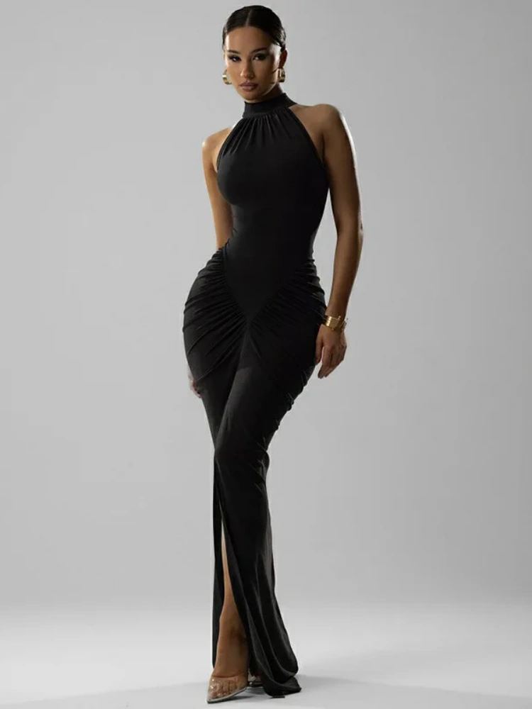 BOOFEENAA Sleeveless Ruched Split Maxi Dress Black Burgundy Elegant Evening Dresses Woman Sexy Club Outfit for Womens C70-CI33