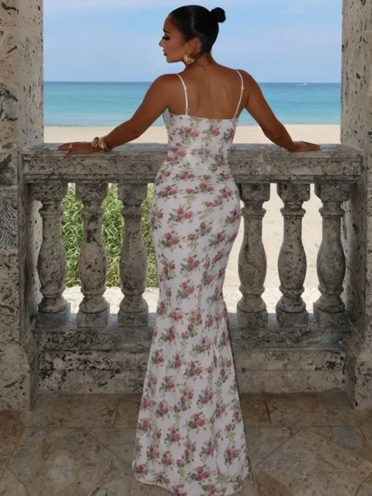 BOOFEENAA Deep V Sleeveless Fishtail Maxi Dress Cottagecore Floral Print White Elegant Dresses Woman 2025 C70-EZ40