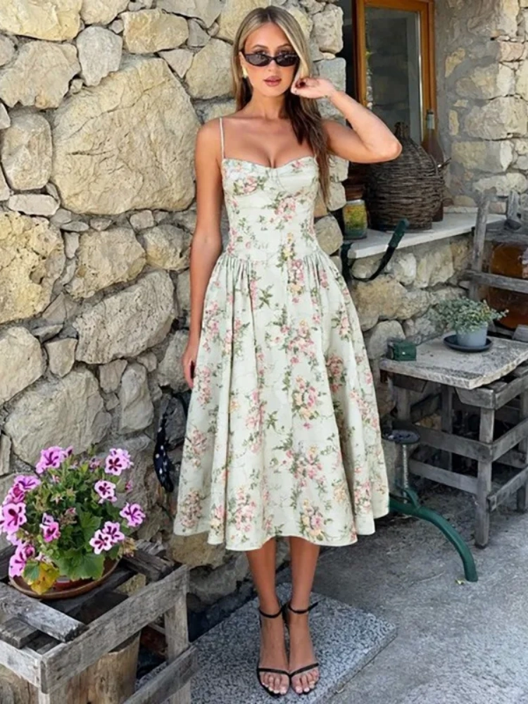 BOOFEENAA Green Flower Sun Dresses for Woman Spaghetti Strap Backless Long Dresses French Style Elegant Vacation Outfits C15FZ46