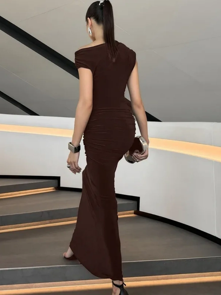 BOOFEENAA One Shoulder Fishtail Long Maxi Dresses Brown Elegant Dresses Woman 2025 C70-CG39