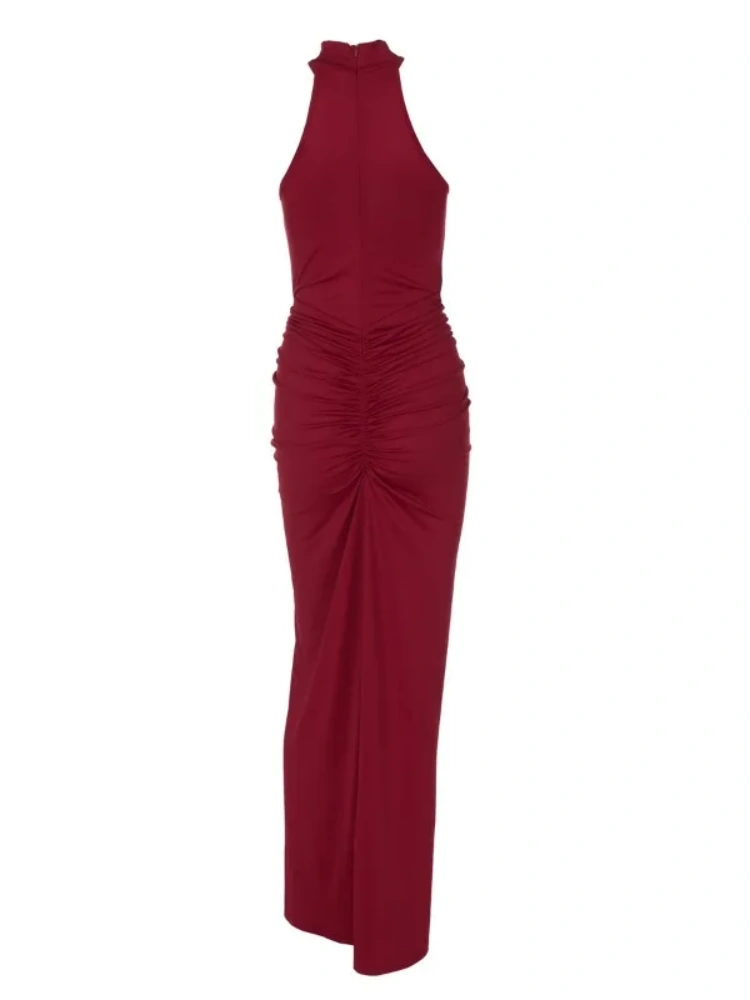 BOOFEENAA Sleeveless Ruched Split Maxi Dress Black Burgundy Elegant Evening Dresses Woman Sexy Club Outfit for Womens C70-CI33