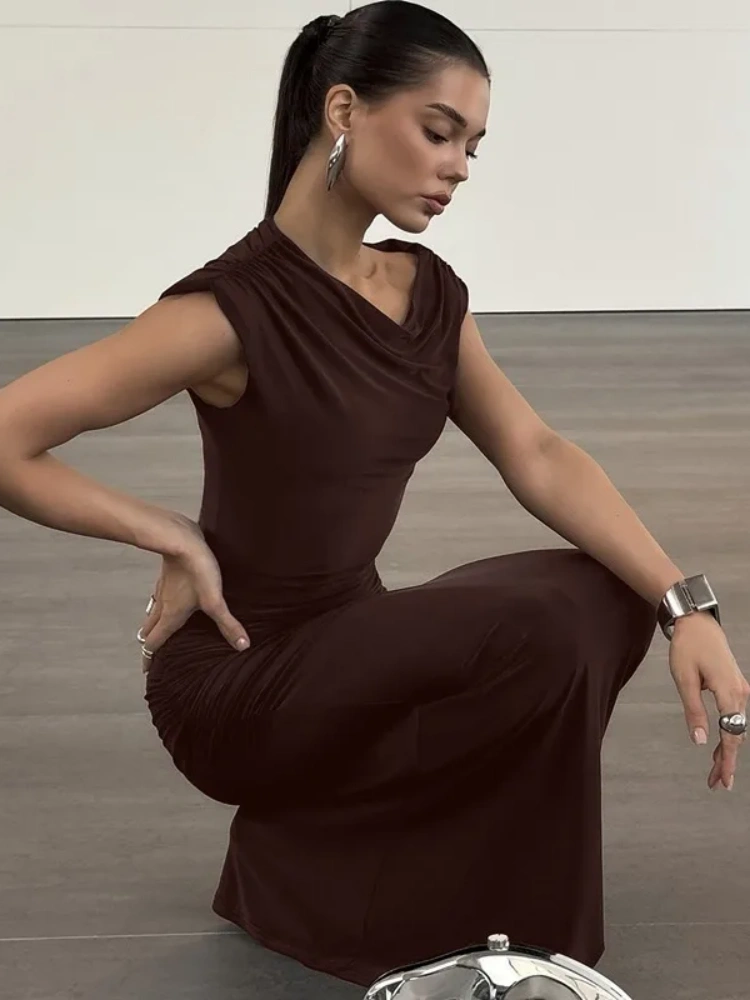 BOOFEENAA One Shoulder Fishtail Long Maxi Dresses Brown Elegant Dresses Woman 2025 C70-CG39