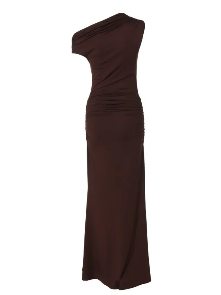 BOOFEENAA One Shoulder Fishtail Long Maxi Dresses Brown Elegant Dresses Woman 2025 C70-CG39