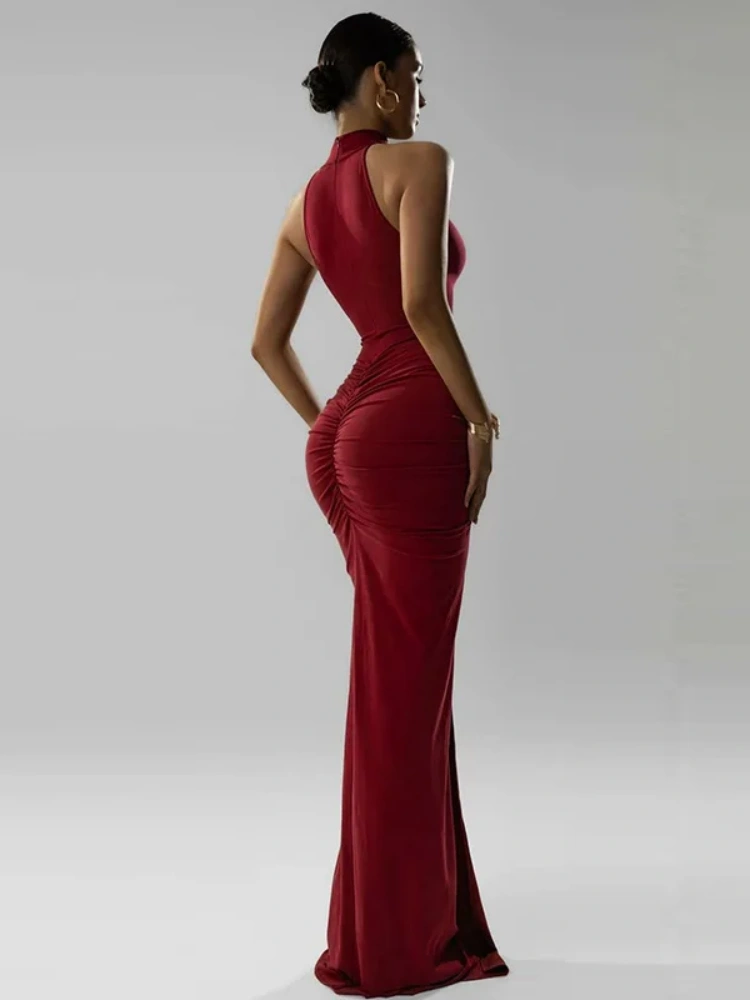 BOOFEENAA Sleeveless Ruched Split Maxi Dress Black Burgundy Elegant Evening Dresses Woman Sexy Club Outfit for Womens C70-CI33