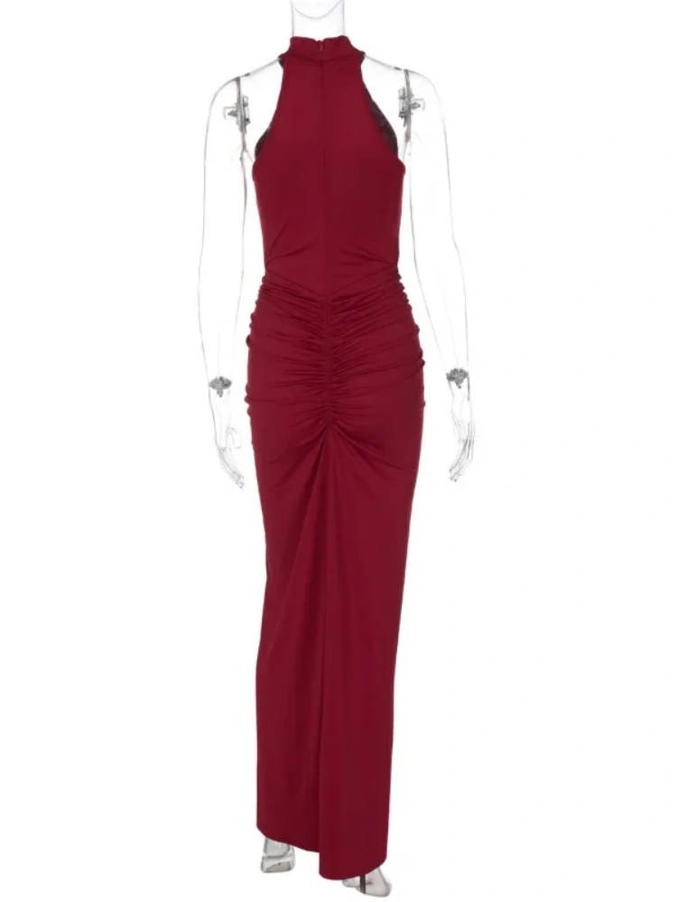 BOOFEENAA Sleeveless Ruched Split Maxi Dress Black Burgundy Elegant Evening Dresses Woman Sexy Club Outfit for Womens C70-CI33