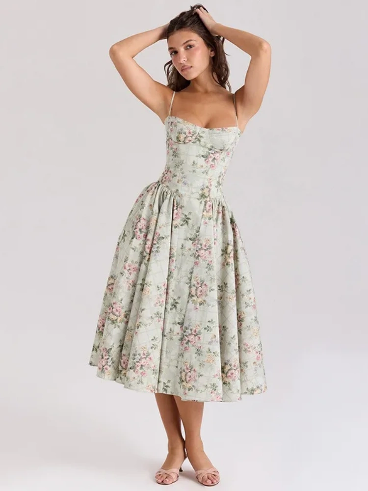 BOOFEENAA Green Flower Sun Dresses for Woman Spaghetti Strap Backless Long Dresses French Style Elegant Vacation Outfits C15FZ46