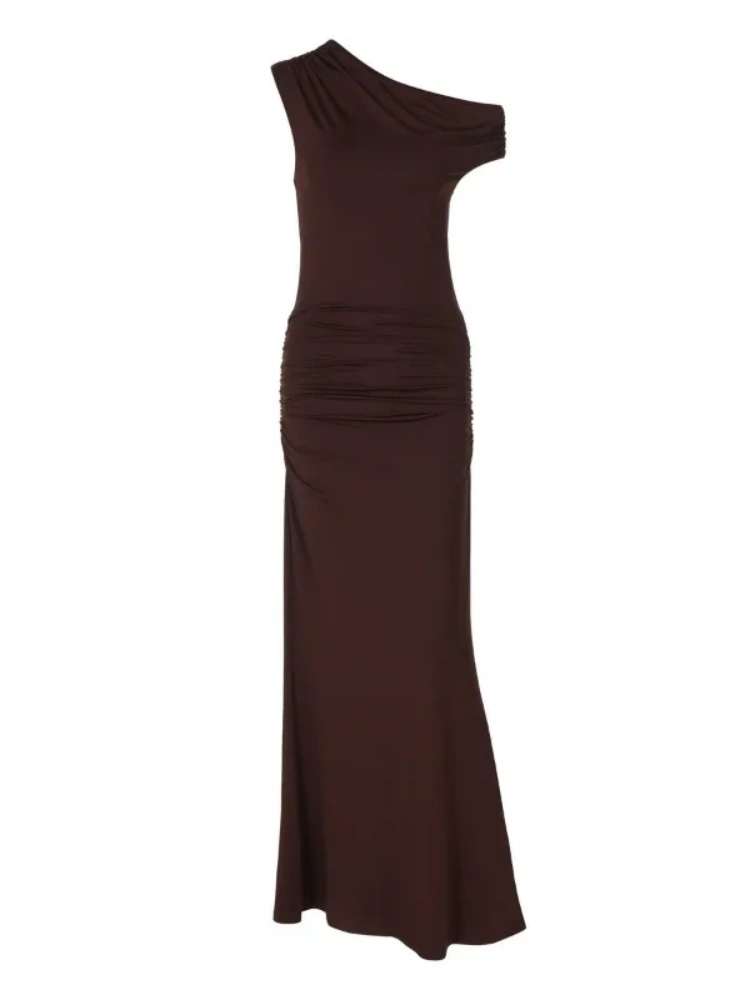 BOOFEENAA One Shoulder Fishtail Long Maxi Dresses Brown Elegant Dresses Woman 2025 C70-CG39