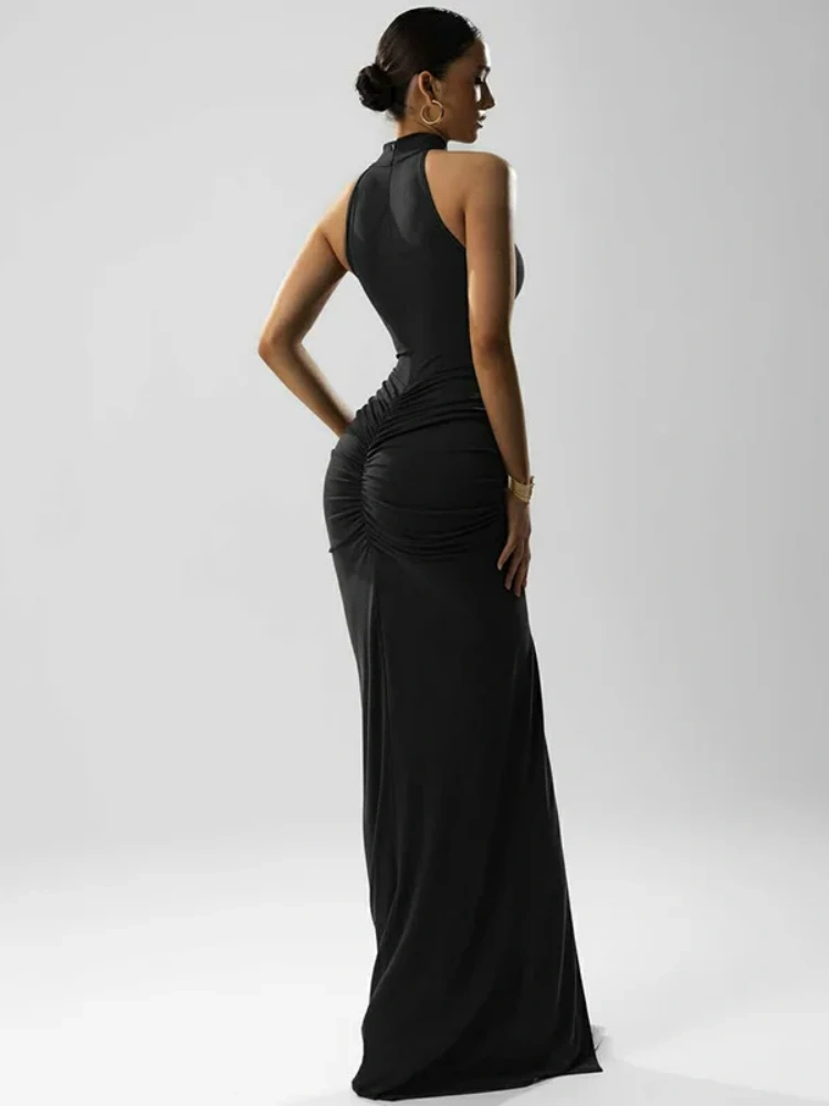 BOOFEENAA Sleeveless Ruched Split Maxi Dress Black Burgundy Elegant Evening Dresses Woman Sexy Club Outfit for Womens C70-CI33