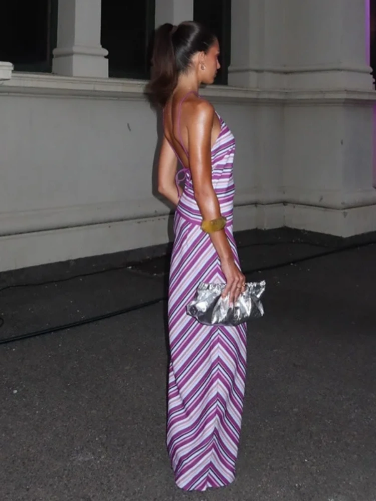 BOOFEENAA Colorful Striped Printed Holiday Dress Summer 2025 Trends Sexy Halter Neck Backless Long Dresses C15-DD38
