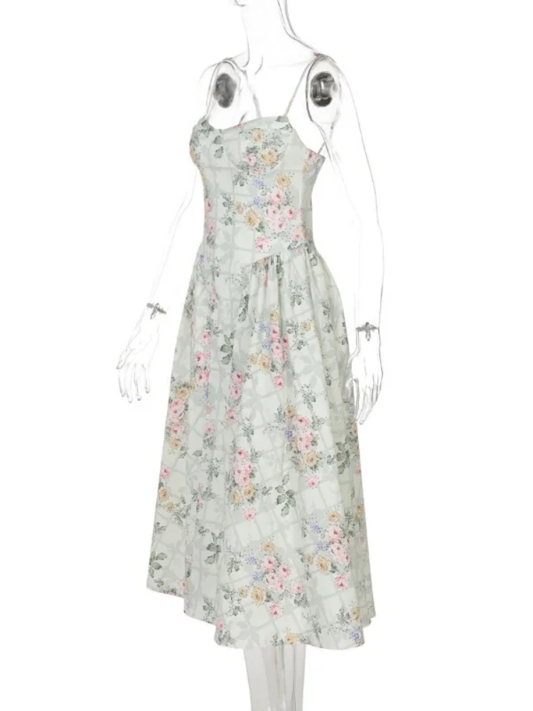 BOOFEENAA Green Flower Sun Dresses for Woman Spaghetti Strap Backless Long Dresses French Style Elegant Vacation Outfits C15FZ46