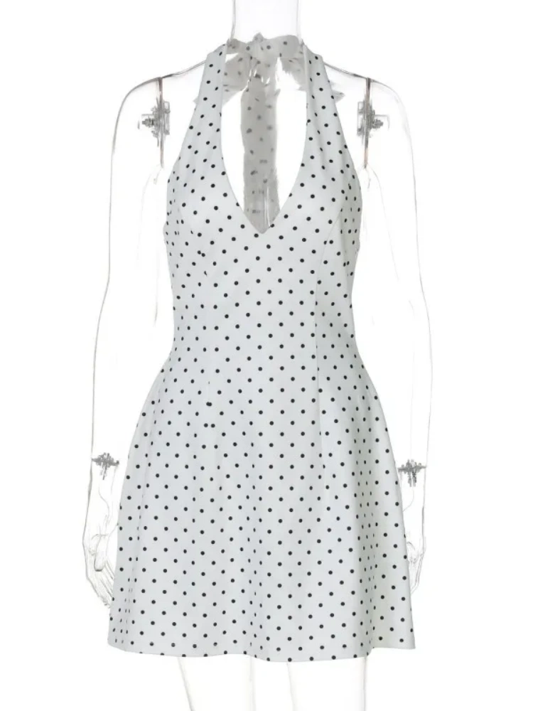 BOOFEENAA Polka Dot Print White Summer Dress Woman 2025 Elegant Retro Deep V Neck Backless A-line Short Dresses C95-DZ32