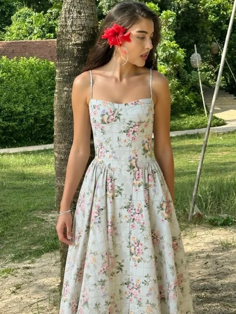 BOOFEENAA Green Flower Sun Dresses for Woman Spaghetti Strap Backless Long Dresses French Style Elegant Vacation Outfits C15FZ46