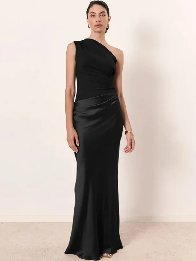 BOOFEENAA Satin Patchwork One Shoulder Backless Maxi Dress Elegant Evening Dresses Woman Party Outfits Summer 2025 C92-DH30