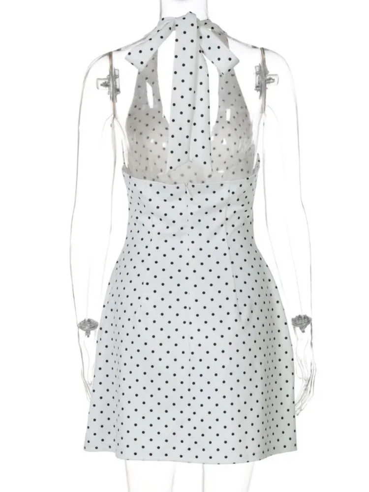 BOOFEENAA Polka Dot Print White Summer Dress Woman 2025 Elegant Retro Deep V Neck Backless A-line Short Dresses C95-DZ32
