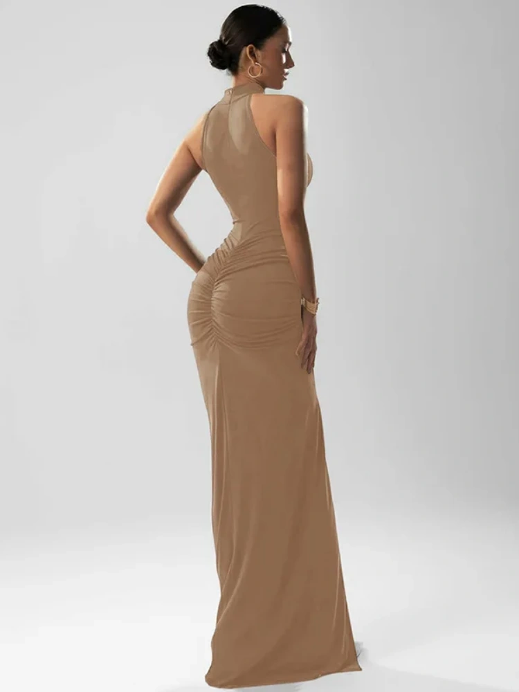 BOOFEENAA Sleeveless Ruched Split Maxi Dress Black Burgundy Elegant Evening Dresses Woman Sexy Club Outfit for Womens C70-CI33