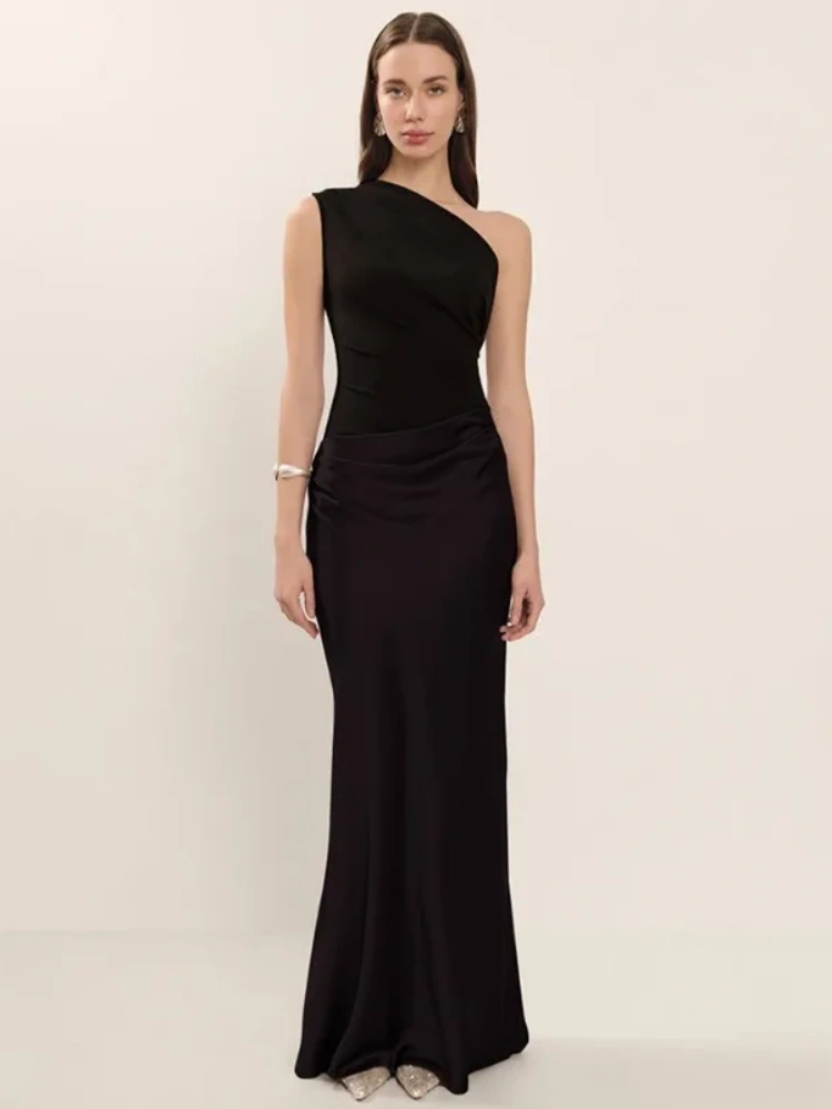 BOOFEENAA Satin Patchwork One Shoulder Backless Maxi Dress Elegant Evening Dresses Woman Party Outfits Summer 2025 C92-DH30