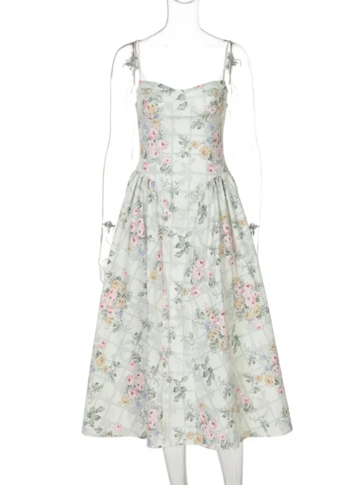 BOOFEENAA Green Flower Sun Dresses for Woman Spaghetti Strap Backless Long Dresses French Style Elegant Vacation Outfits C15FZ46