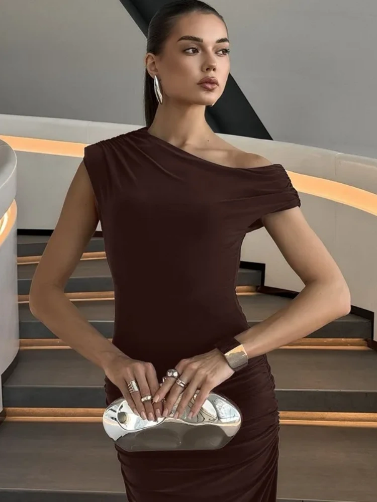 BOOFEENAA One Shoulder Fishtail Long Maxi Dresses Brown Elegant Dresses Woman 2025 C70-CG39