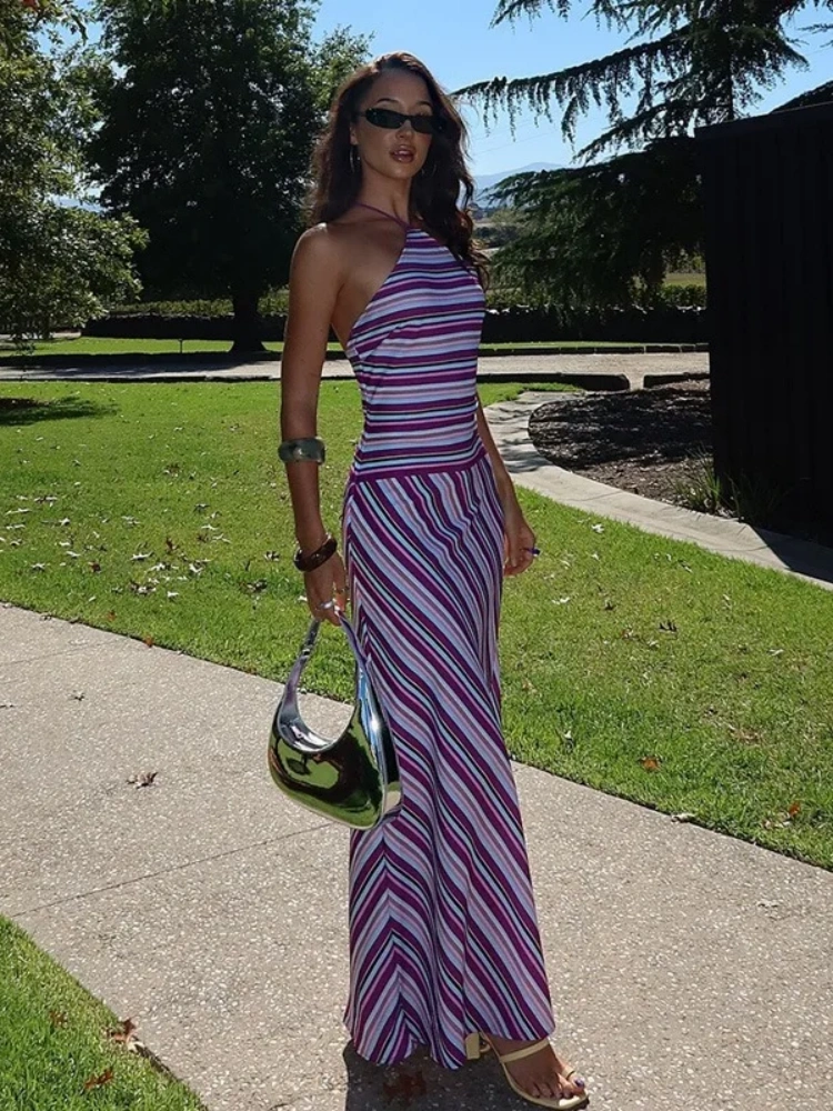 BOOFEENAA Colorful Striped Printed Holiday Dress Summer 2025 Trends Sexy Halter Neck Backless Long Dresses C15-DD38