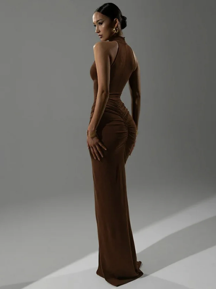 BOOFEENAA Sleeveless Ruched Split Maxi Dress Black Burgundy Elegant Evening Dresses Woman Sexy Club Outfit for Womens C70-CI33