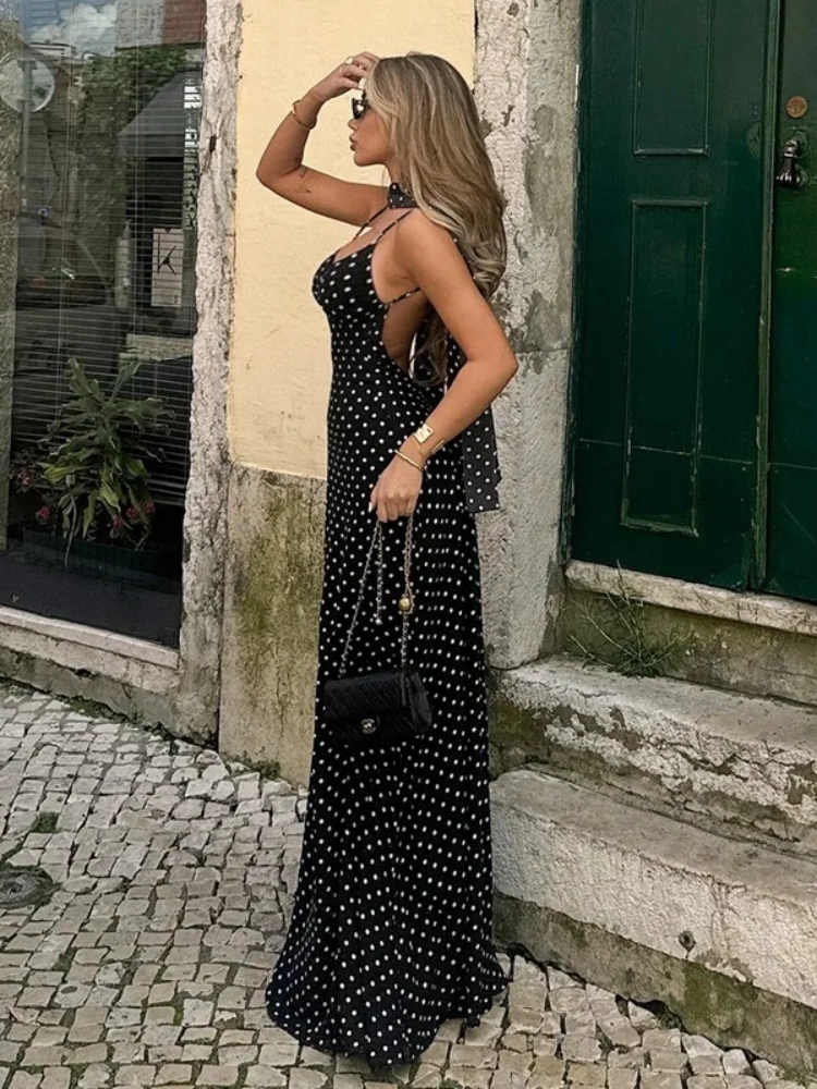 BOOFEENAA Polka Dot Print Sexy Deep V Neck Backless Maxi Dresses French Style Elegant Summer Dress Woman Clothing C95-EZ35