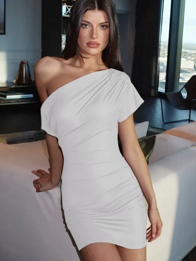 BOOFEENAA One Shoulder Short Sleeve Mini Dresses Woman Clothing Fashion Casual Summer Dress Brown White C70-BF19