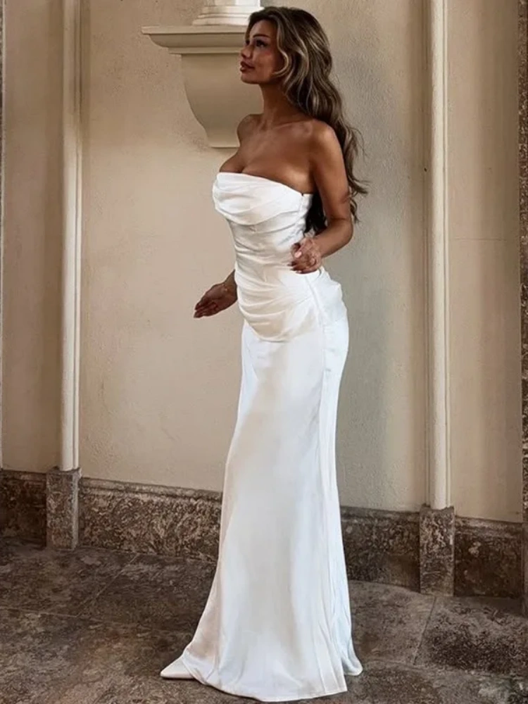 BOOFEENAA Satin Strapless Ruched Maxi Dress for Woman Elegant Evening Gown for Ladies Wedding Guests Dresses C16-FZ28