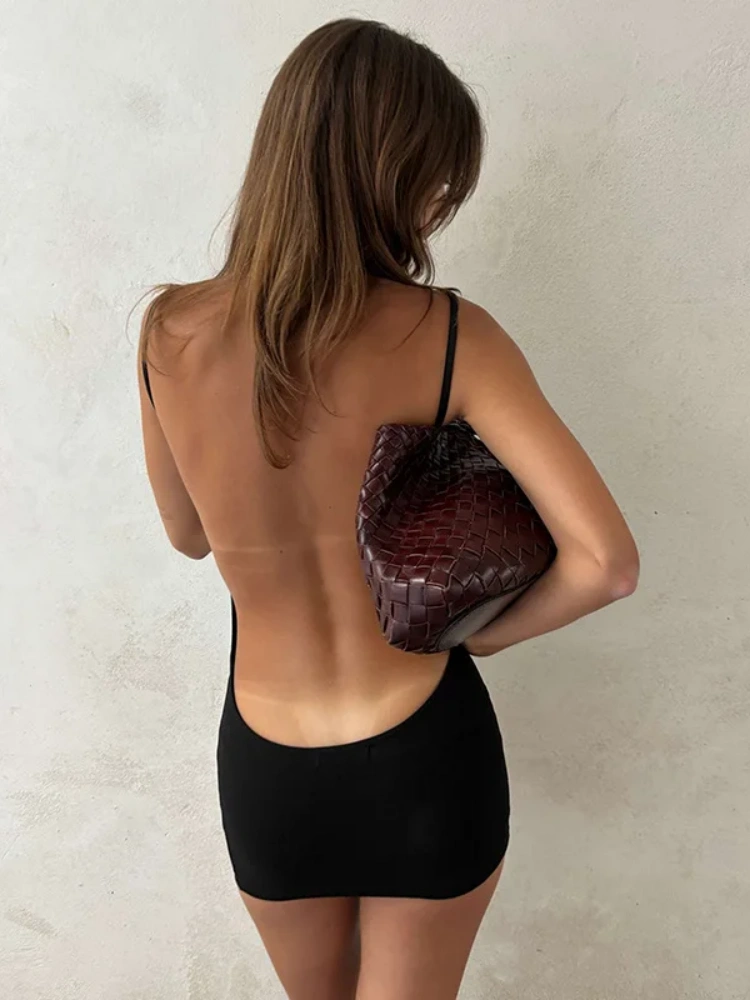 BOOFEENAA Spaghetti Strap Backless Mini Dress Club Wear Sexy Outfits Woman Black Bodycon Dresses P85-AH10