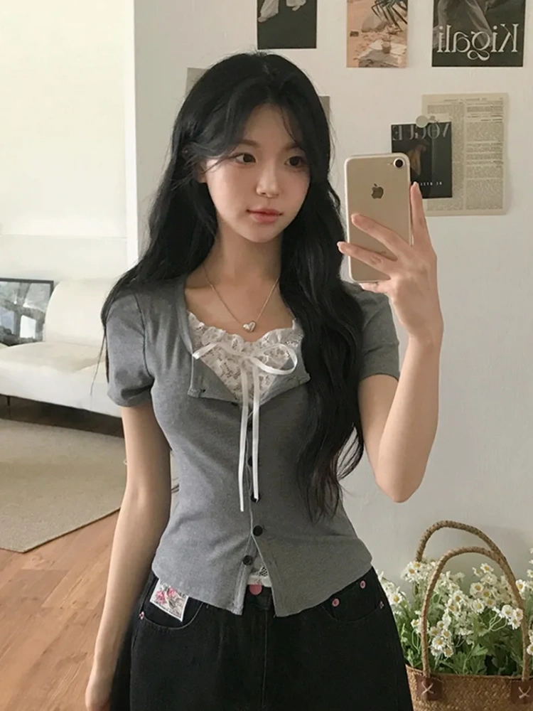 BOOFEENAA Korean Girls T Shirts Bow Lace Splicing Fake Two-piece Button Up Short Sleeve Tops Cutecore Y2k Clothes P67-CZ12