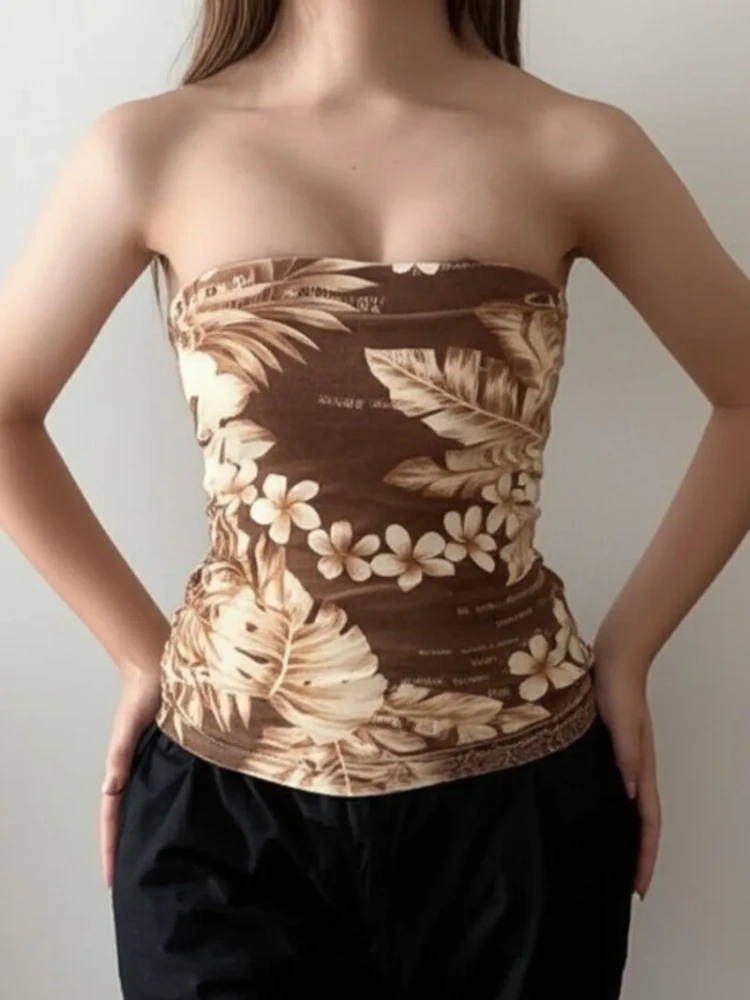 BOOFEENAA Vintage Flower Print Brown Tube Top Resort Wear Woman Y2k Clothes Graphic Tops P67-AI13