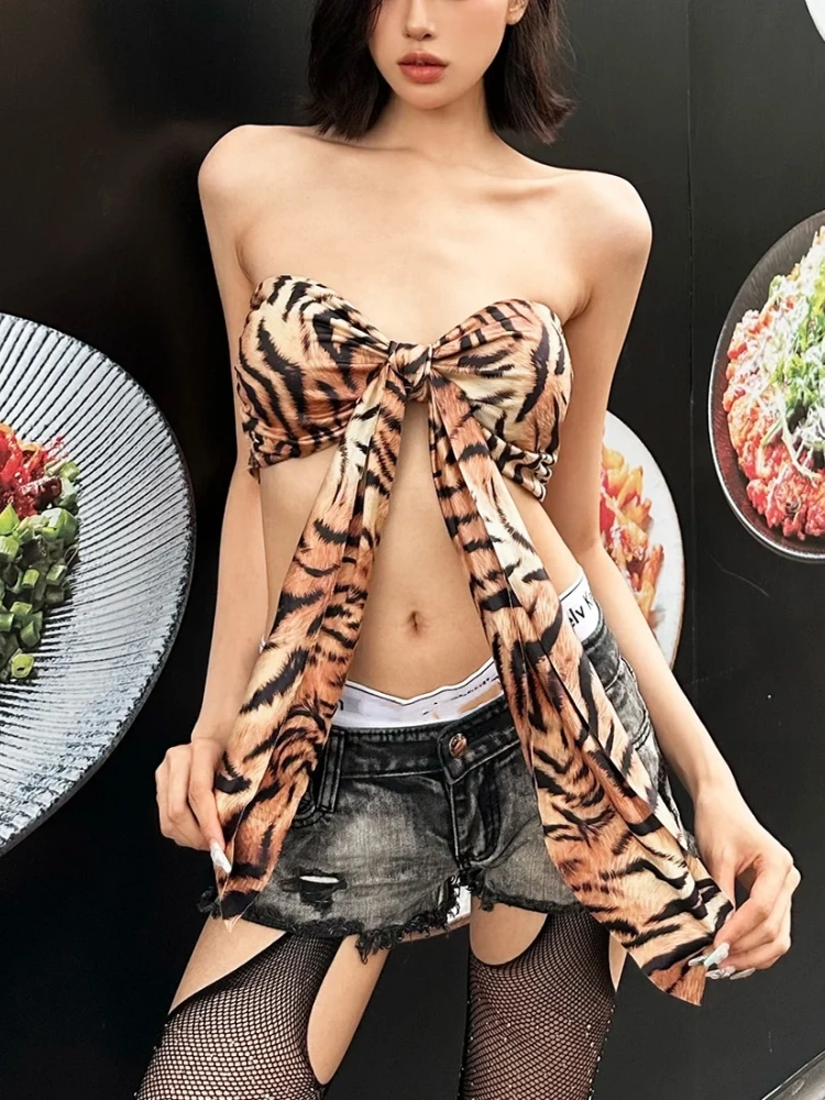 BOOFEENAA Leopard Print Tube Top Streetwear Woman Sexy Summer Tie Front Backless Crop Tops P94-BB13
