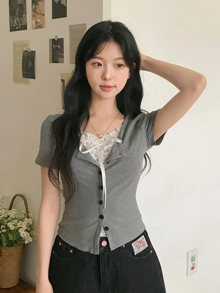 BOOFEENAA Korean Girls T Shirts Bow Lace Splicing Fake Two-piece Button Up Short Sleeve Tops Cutecore Y2k Clothes P67-CZ12