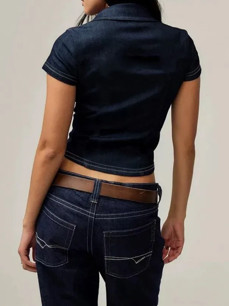 BOOFEENAA Blue Denim Shirts Female Clothes Pockets Button Up Short Sleeve Crop Top Fashion Woman Summer Tops 2025 P84-DC15