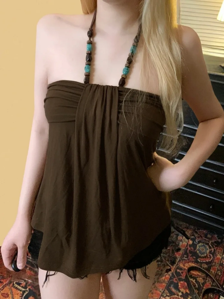 BOOFEENAA Beaded Halter Top Shoujo Girl Aesthetic Coqutte Y2k Backless Tank Tops Brown Vintage Clothes P67-CI17