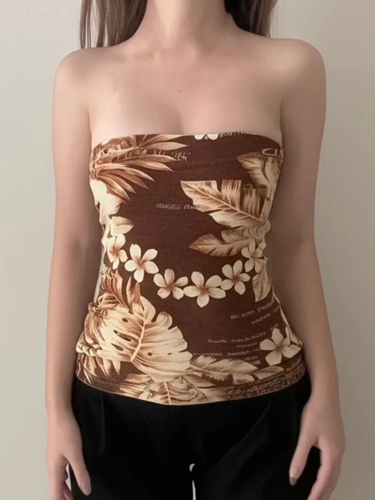 BOOFEENAA Vintage Flower Print Brown Tube Top Resort Wear Woman Y2k Clothes Graphic Tops P67-AI13