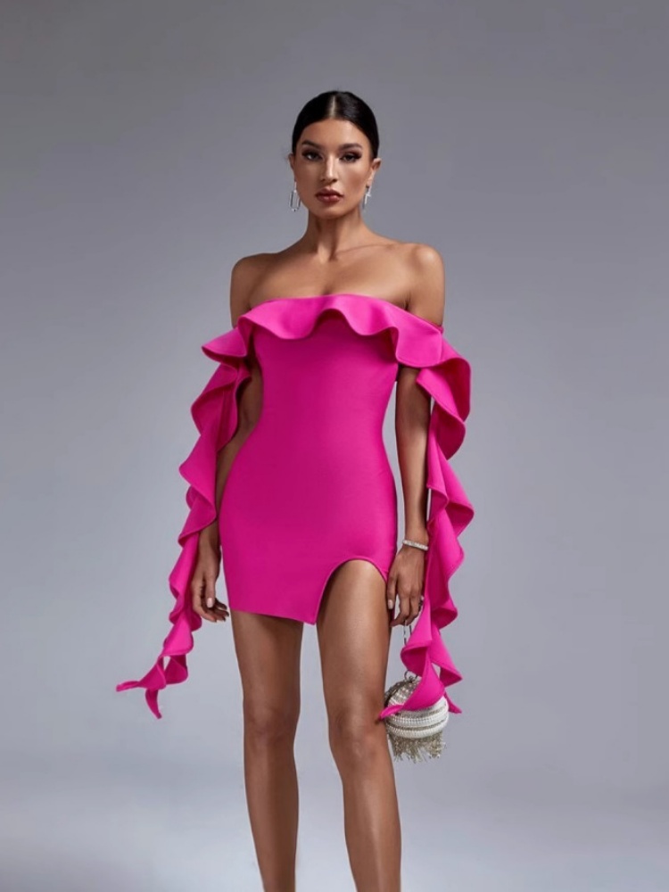 BOOFEENAA Ruffled Off Shoulder Slit Mini Dress Sexy Party Dresses for Woman Clothing C0-ADB72