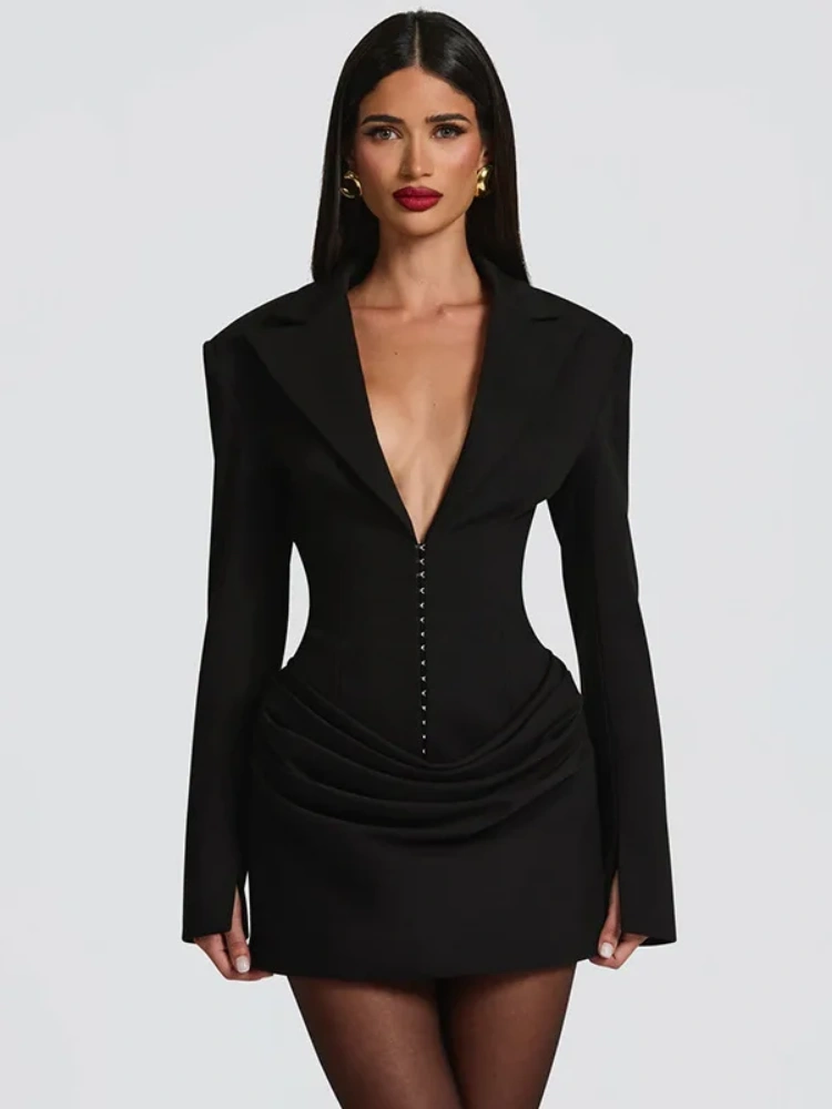 BOOFEENAA Ruched Blazer Mini Dress Sexy Deep V Neck Long Sleeve Dresses Woman Clothes Fall Winter 2025 C85-EG42