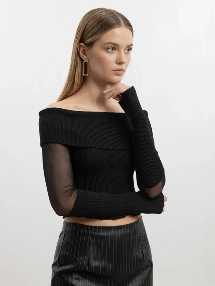 BOOFEENAA Knitted Mesh Patchwork Black Sexy T Shirt Off Shoulder Long Sleeve Crop Tops Trending Fall Woman Clothes 2025 P85-CE21