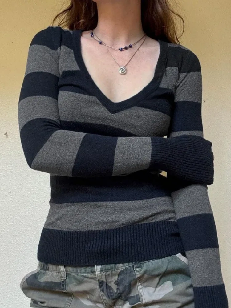 BOOFEENAA Striped Knitted Sweater 2025 Autumn Winter Fashion Woman V Neck Long Sleeve Tops Vintage Clothes P67-DB24