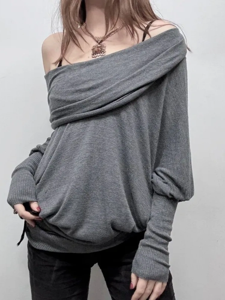 BOOFEENAA Cowl Neck Off Shoulder Long Sleeve Tops for Woman Fall 2000s Clothes Gray Bat Sleeve Loose T Shirts P56-CI48