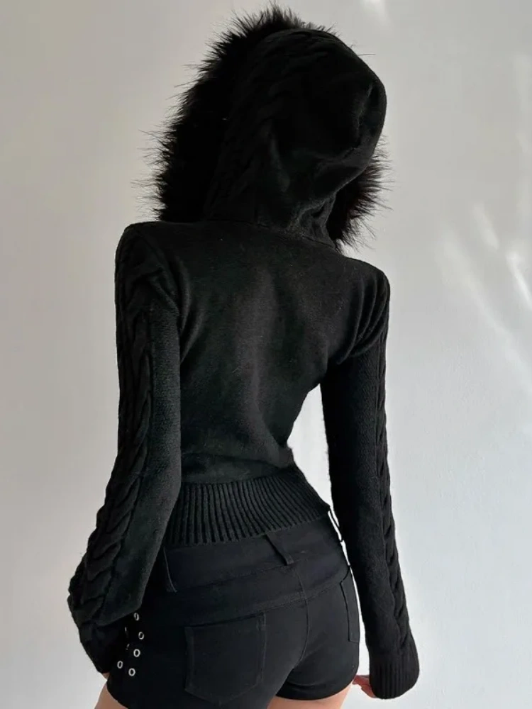 BOOFEENAA Winter Fashion Faux Fur Collar Cropped Sweater Woman Zipper Hooded Jacket Knitted Cardigan Long Sleeve Top P67-FF45