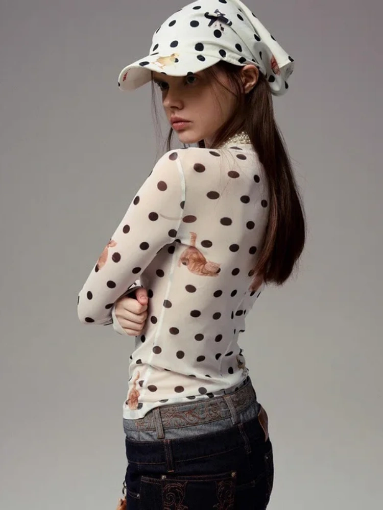 BOOFEENAA Animal Polka Dot Print Mesh Graphic T Shirts New Fall 2025 Woman Seethru Long Sleeve Tops Dark Coquette P85-AH10