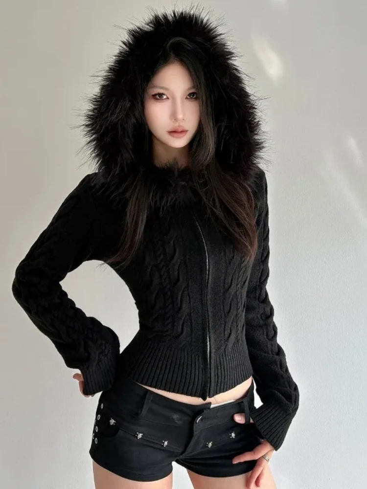 BOOFEENAA Winter Fashion Faux Fur Collar Cropped Sweater Woman Zipper Hooded Jacket Knitted Cardigan Long Sleeve Top P67-FF45
