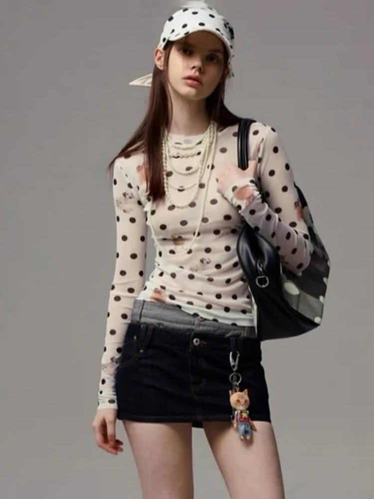 BOOFEENAA Animal Polka Dot Print Mesh Graphic T Shirts New Fall 2025 Woman Seethru Long Sleeve Tops Dark Coquette P85-AH10