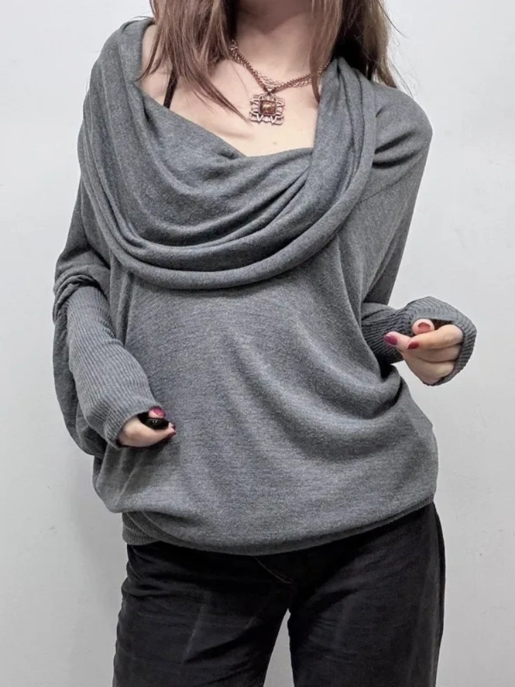 BOOFEENAA Cowl Neck Off Shoulder Long Sleeve Tops for Woman Fall 2000s Clothes Gray Bat Sleeve Loose T Shirts P56-CI48